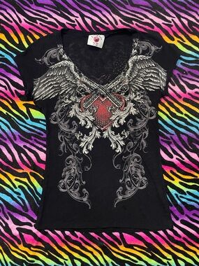 Y2k emo grunge Affliction Black V-Neck Tee with Red Winged Heart Graphic
